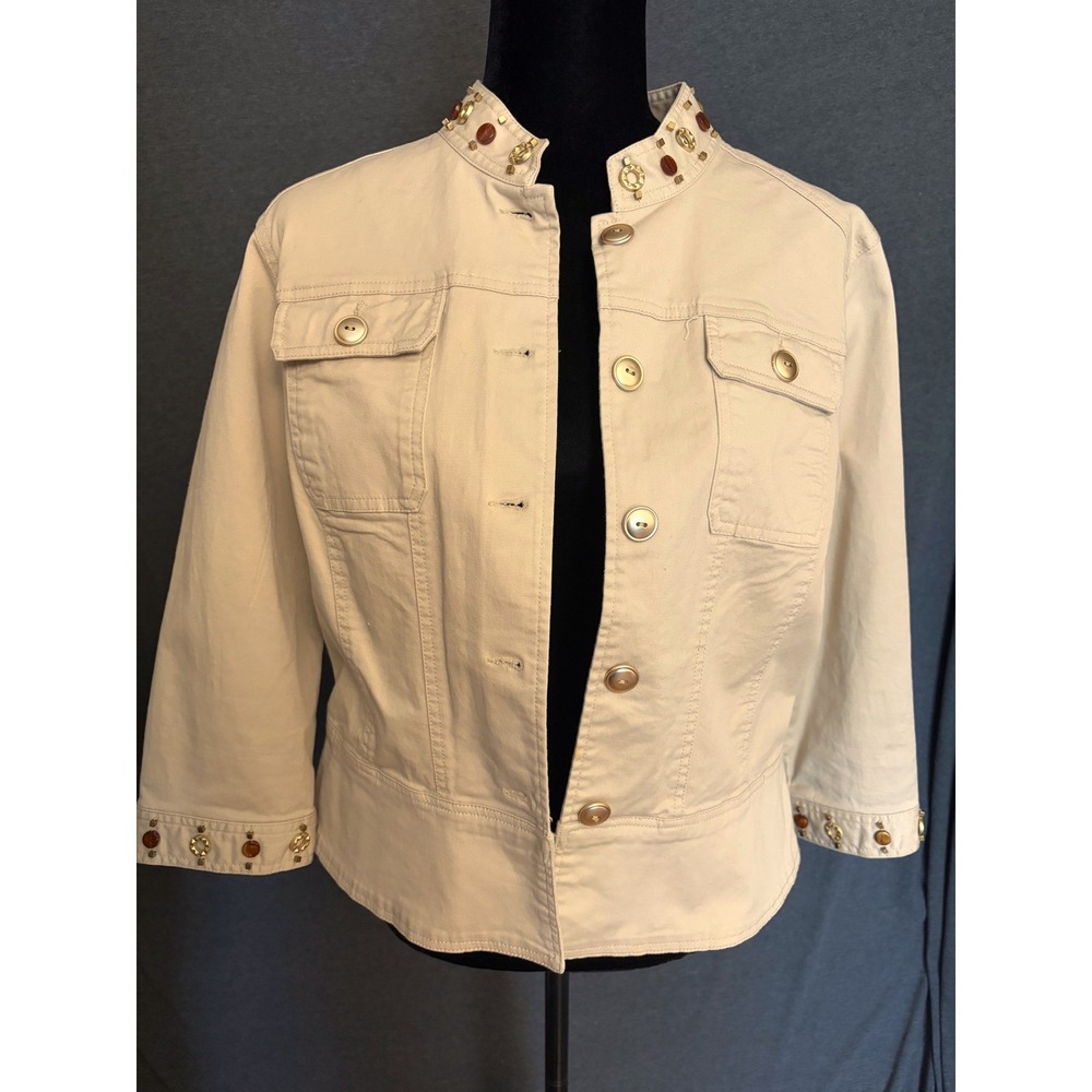 Vtg Chic Lark Lane Khaki Tan Studded Cabochon Jacket Sz 14 Utility‎ mock neck